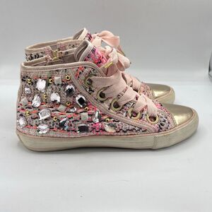 Ash Vanessa High Top Sneakers Pink Tweed Embellished Crystals Gold-Toned Metal